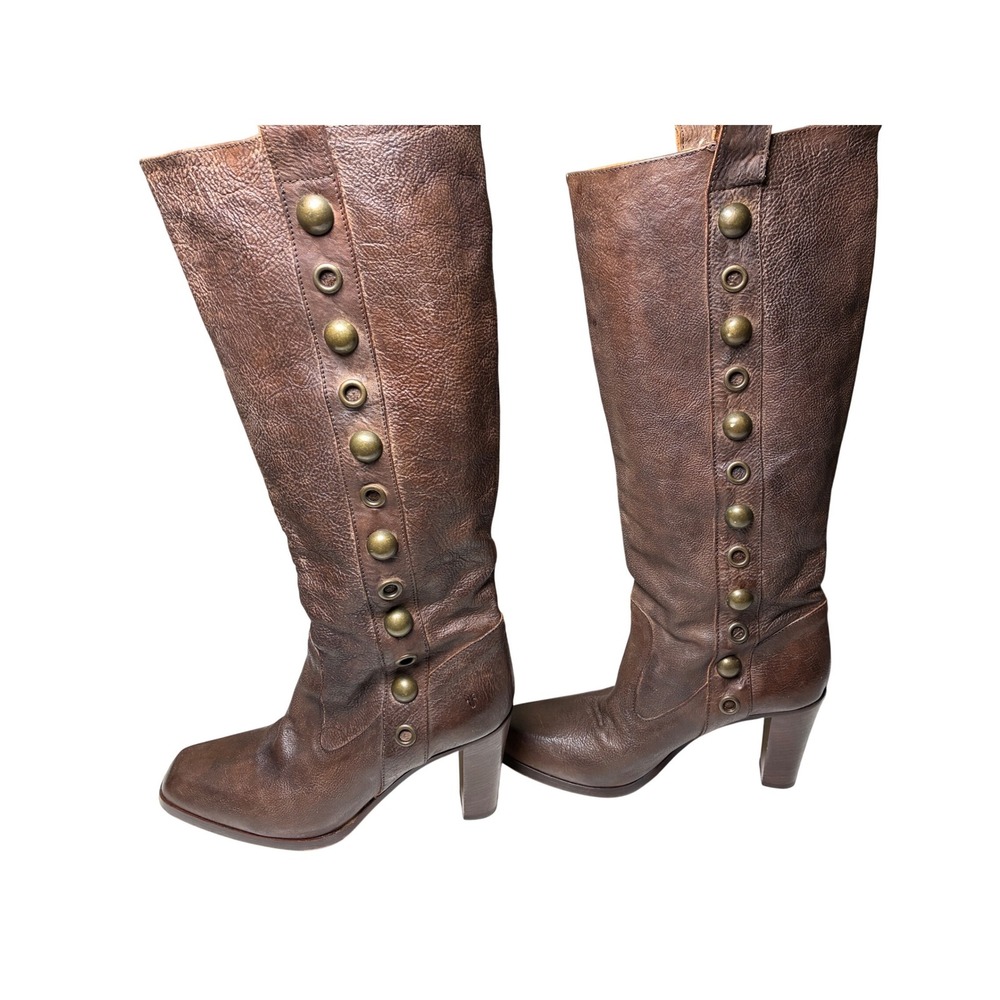 Western Frye Campus Tall Leather Boots Brown Pebbled Studded Block Heel 7.5